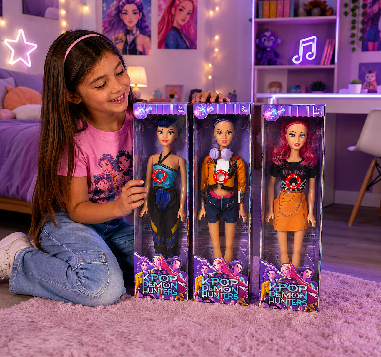 Conjunto 3 Bonecas K POP Demon Hunters 60 cm- Rumi, Mira e Zoey c/ música