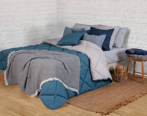 Edredom de Aquecimento Dupla Face Bicolor Azul Petróleo e Cinza